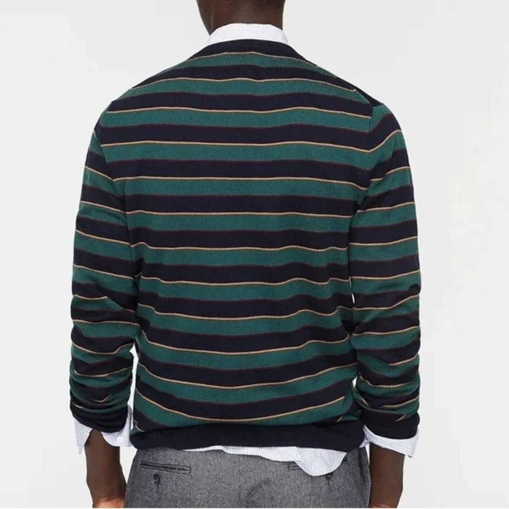 J. Crew Green Blue Striped Crewneck Sweater Merino Wool Mens Sz Medium Slim Fall
